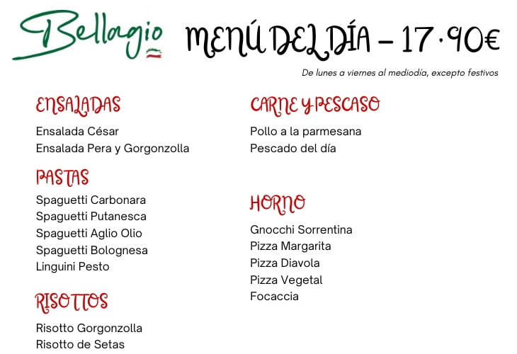 Menú del día en Santander Restaurante Bellagio
